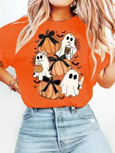 Women's Halloween Themed Ghost & Pumpkin Print Round Neck Tee, Fashion Casual Short Sleeve T-shirt for Daily Holiday Vacation Outdoor Wear, Ladies Clothes for All Seasons
