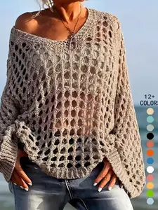 Summer Vacation Hollow Out Loose Fit Pullover Knitted Sweater, Casual Large Size Women's Top Womenswear, Comfortable, Stylish and Aesthetic Clothing, Knitwear