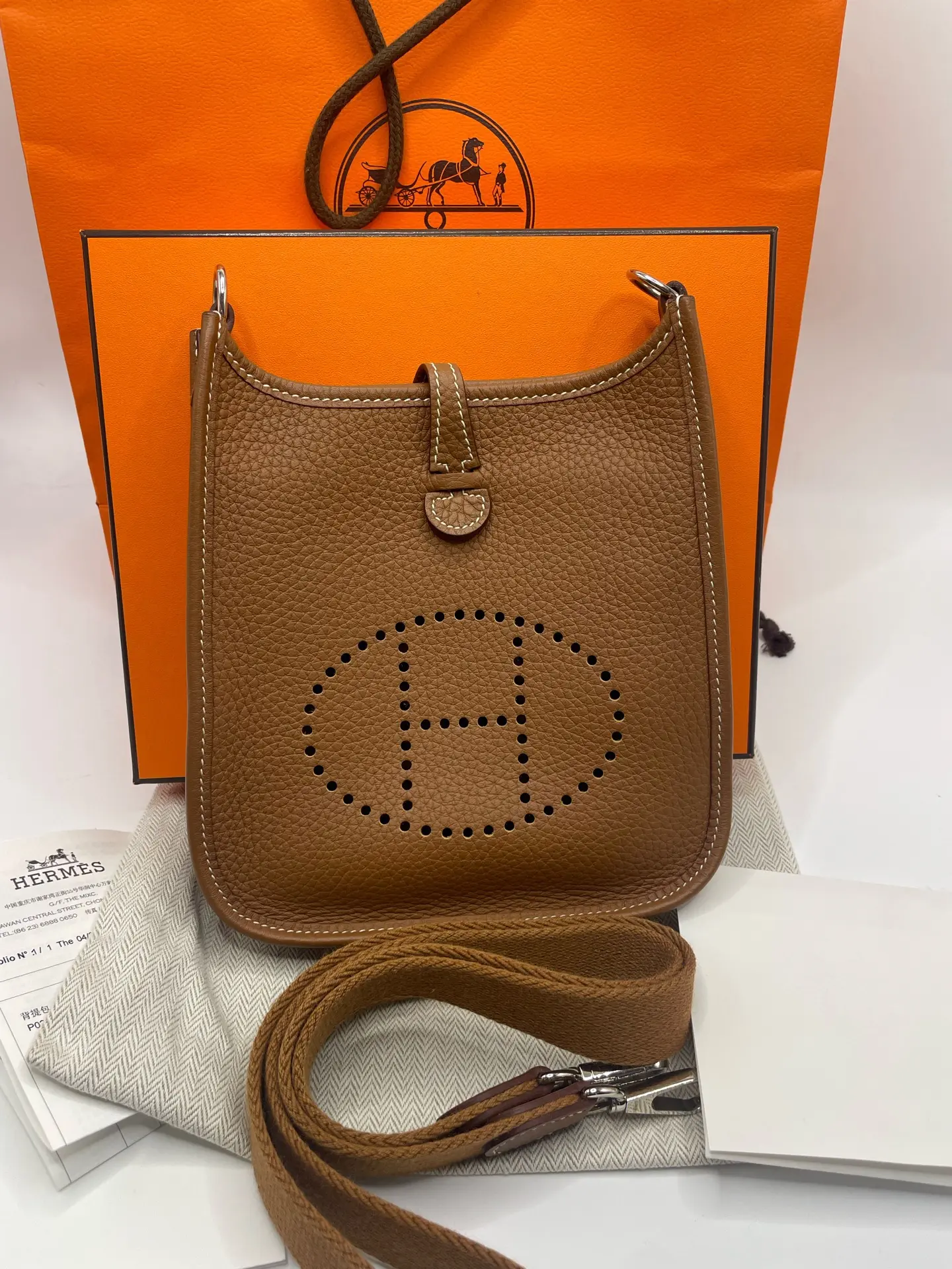 Pre-owned HERMÈS Evelyne Mini Bag in Gold & Silver Color Combination, W Stamp (2025), 99% Like New Condition, Unused with Original Tag Attached. Comes as a Full Set with Shoulder Strap, Dust Bag, Box, Receipt, and Tag. Size: Approx. 17.5 × 19 cm.