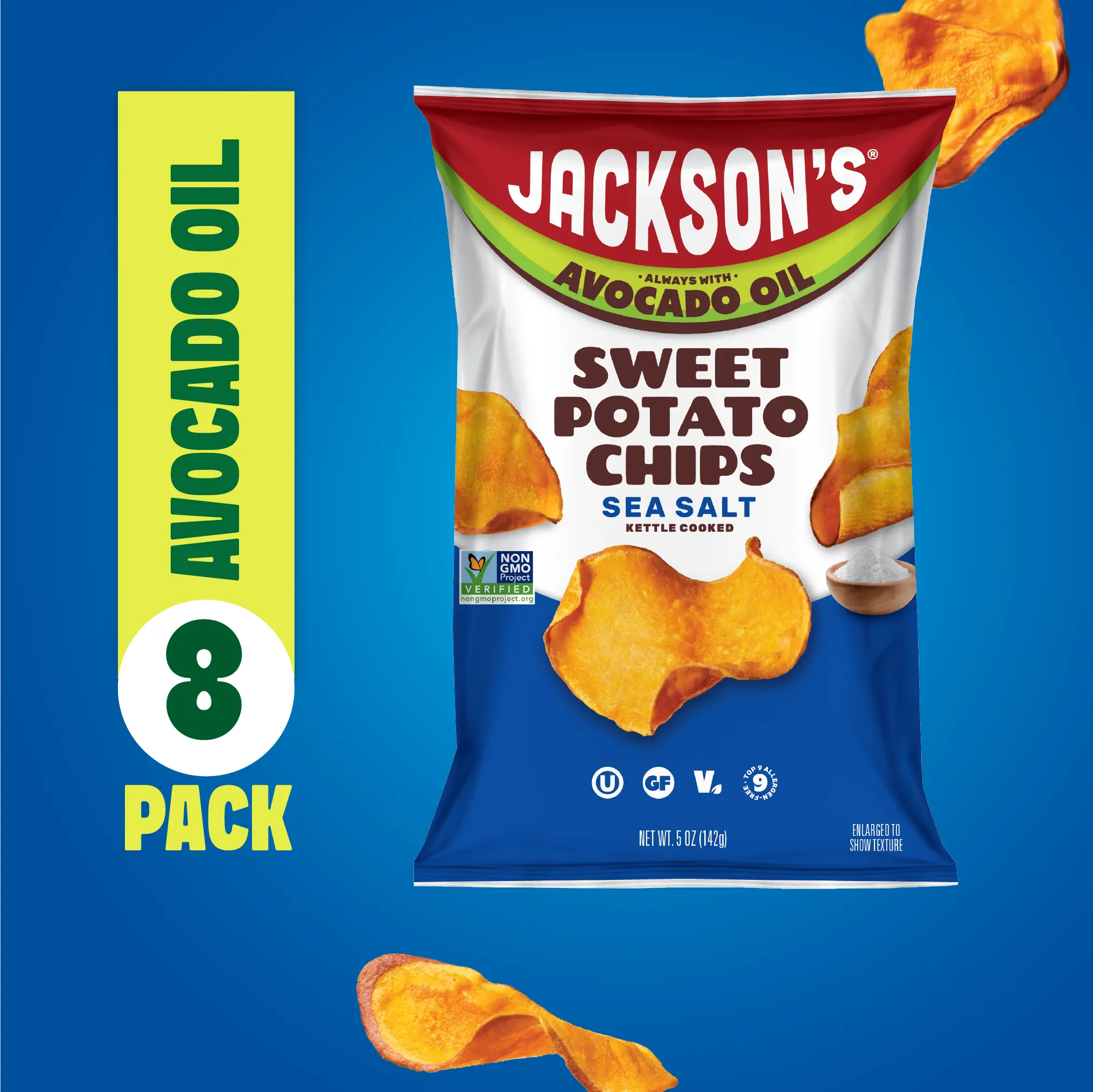 Sea Salt Sweet Potato Chips in Avocado Oil 5oz (Pack of 8) Allergen-friendly, Gluten Free, Peanut Free, Vegan - Shark Tank Product