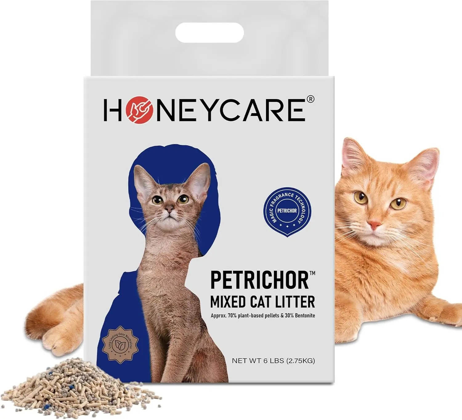 HoneyCare Petrichor Mix Tofu Cat Litter - Fresh, Universal, Plant-Based Pellet-Shape Litter with Bentonite, Low-Dust, Quick-Clumping, Superior Odor Control, Sustainable, 6 Lbs for Pet Lovers #backtoschool