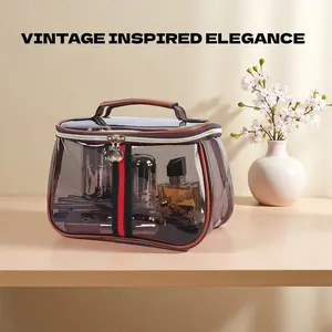 【Brown】New Retro Vintage Vanity Bag, Large Capacity Toiletry Bag for Travel, Clear Cosmetic Makeup Organizer for Ladies, Portable Waterproof Transparent Zippered Skincare Storage Case【Brown】