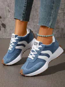 Women's New Spring Autumn Round-Toe Thick-Sole Casual Shoes, Colorblock Lace-Up Breathable Anti-Slip Fashion Sneakers for Outdoor Running and Training