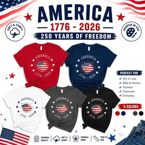 America 250th Anniversary Patriotic T-Shirt, USA Flag Graphic Tee, Independence Day Celebration Shirt, 4th of July Outfit Idea, American Pride Gift for Men and Women - HARSIN