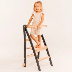 Wooden Montessori Learning Tower Space-Saving Foldable Kids' Step Stool with Anti-Tip Protection  GREY for Educational Activities Stackable