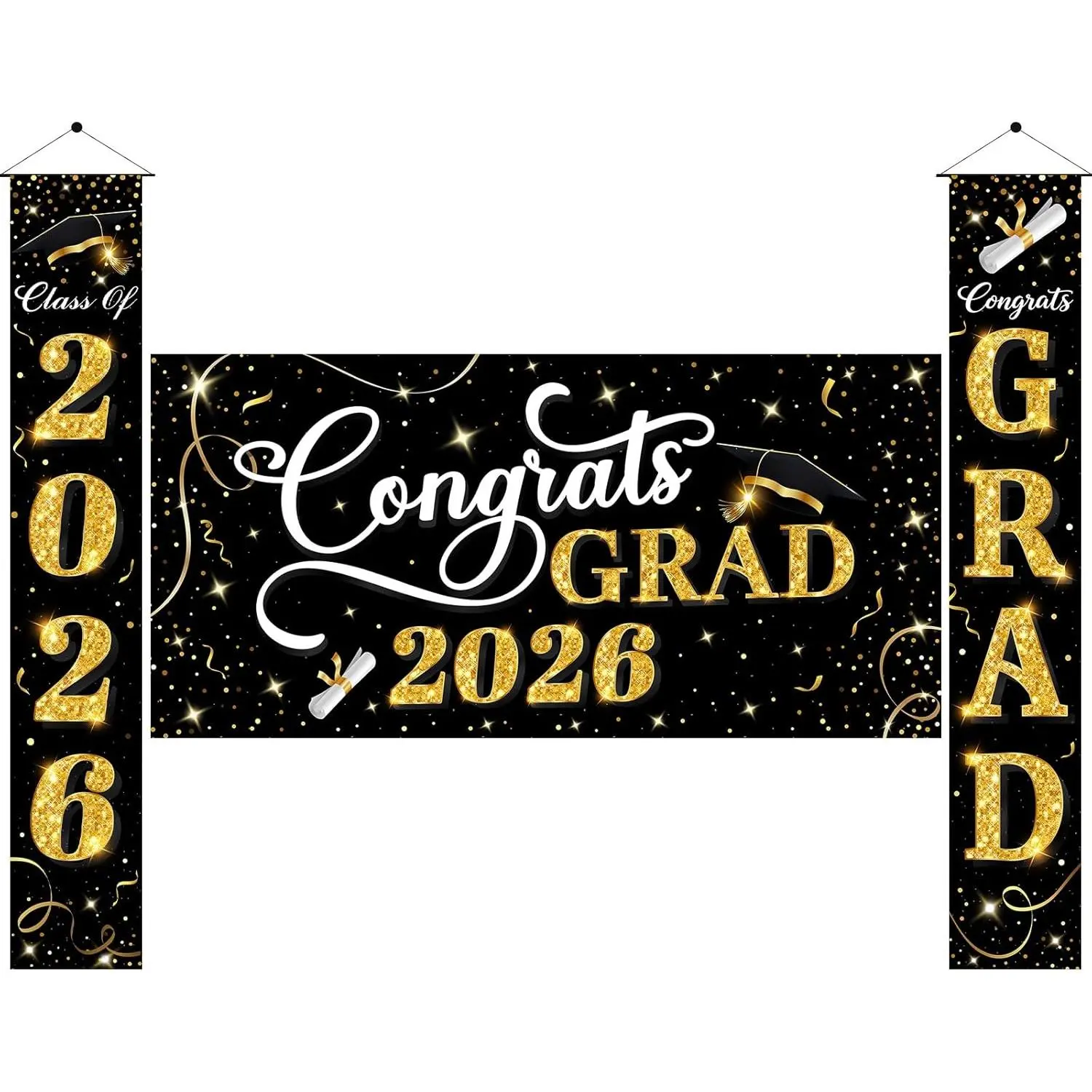 3 count Graduation Decorations Class of 2026, Large Graduation Banners Set,  & Black Congrats Grad Party Backdrop and Banner  Porch Supplies for College Graduation Indoor/Outdoor Decor