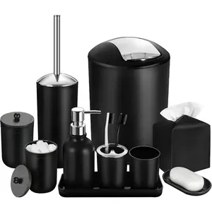 Black Bathroom Accessories Set, 10Pcs Bathroom Accessory Set with Trash Can, Soap Dispenser and Toothbrush Holder, Soap Dish, Cotton Ball & Qtip Holder, Toilet Brush Holder, Tissue Box Cover