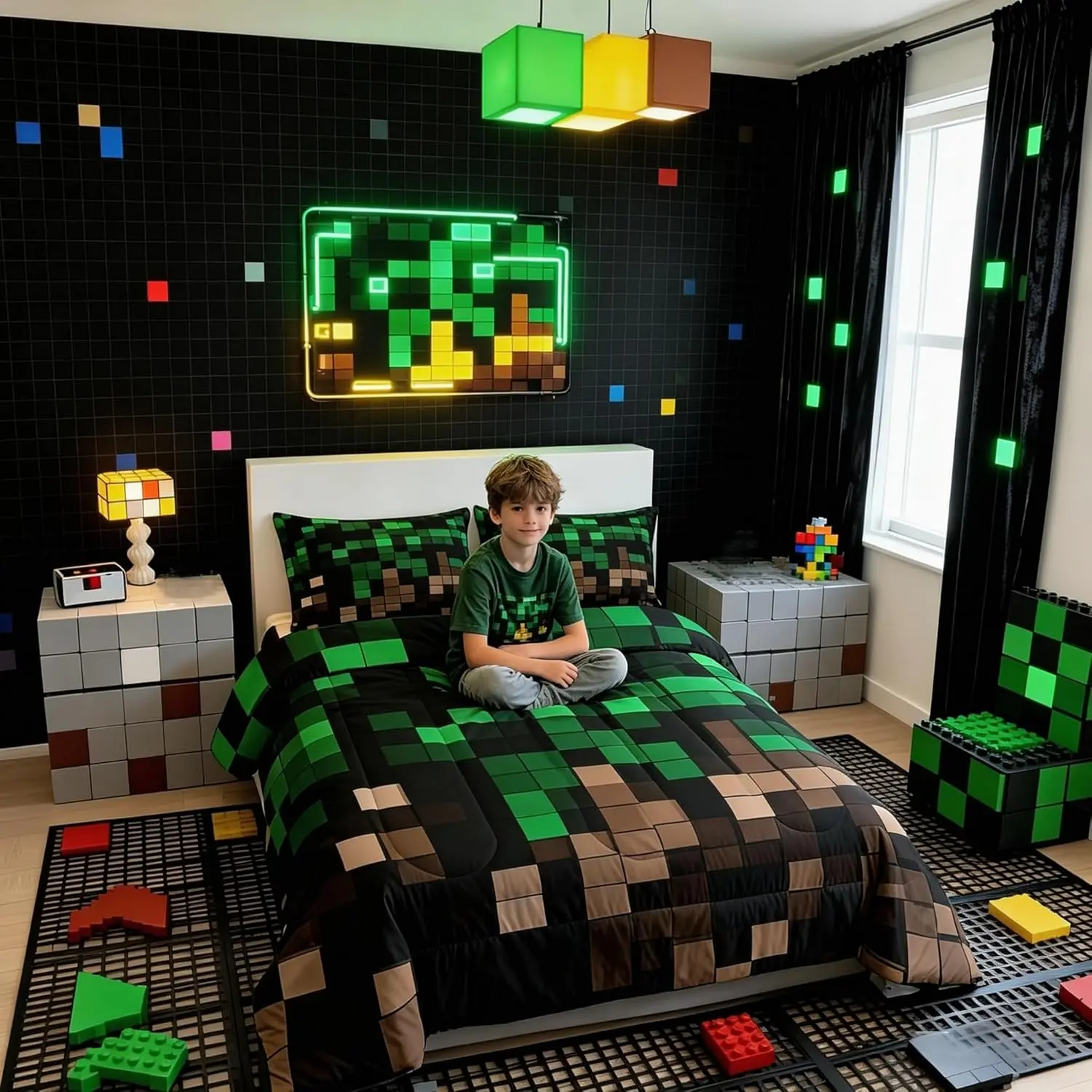 Miners Pixel Checked Comforter Set,Video Games Check Lattice Bedding Set,Game Cartoon Gamepad Quilt Comforter,Green Brown Duvet Insert