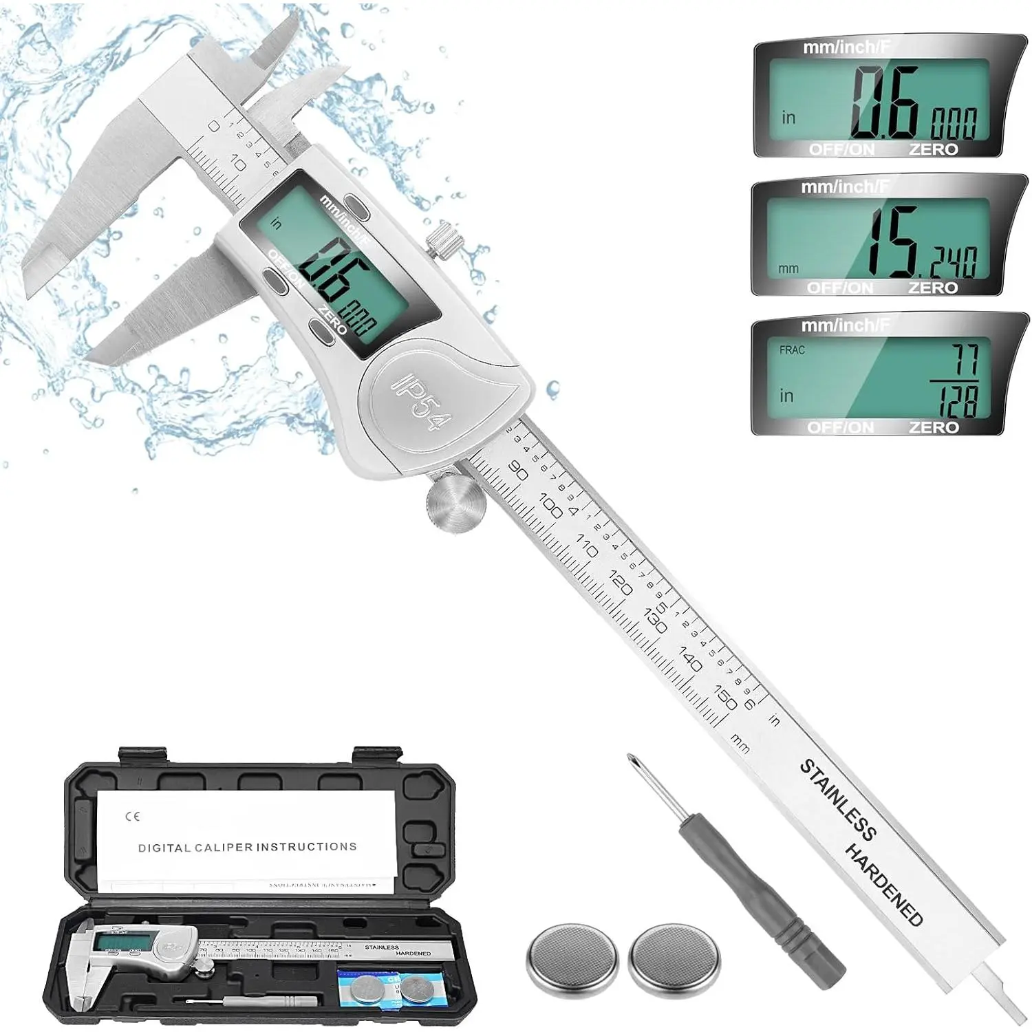 Digital Caliper Measuring Tool, IP54   Micrometer Caliper, Stainlee Steel Vernier Caliper with Large LCD Screen, Inch Metric Fraction Conversion, 6 Inch for Household/DIY