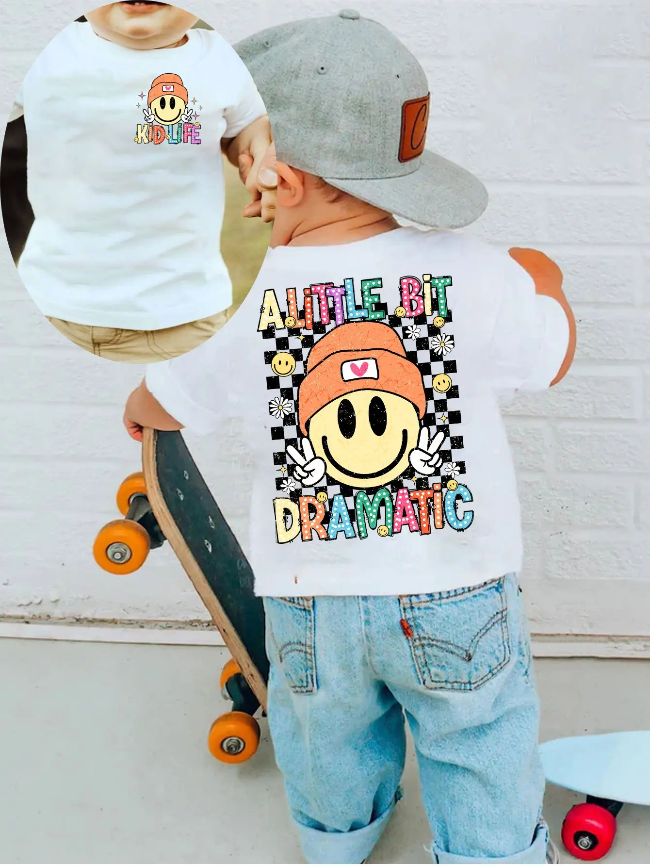 Toddler Kids White Cotton Short Sleeve T-Shirt, A Little Bit Dramatic Checkered Smiley Double Sided Print Crew Neck Boys Graphic Tee