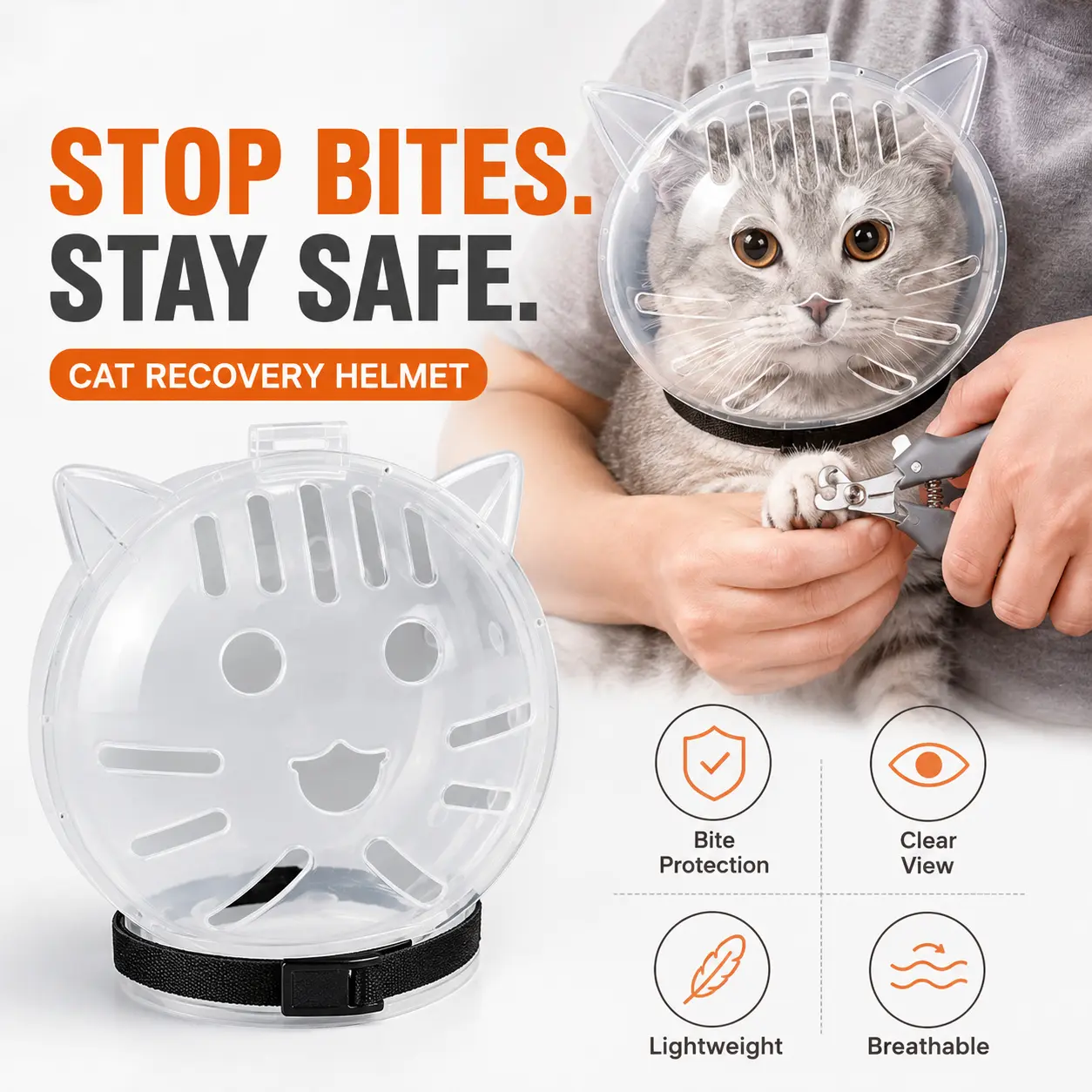 Anti-Bite Cat Recovery Helmet, Clear Protective Collar for Safe Nail Trimming, Medication, Grooming & Recovery