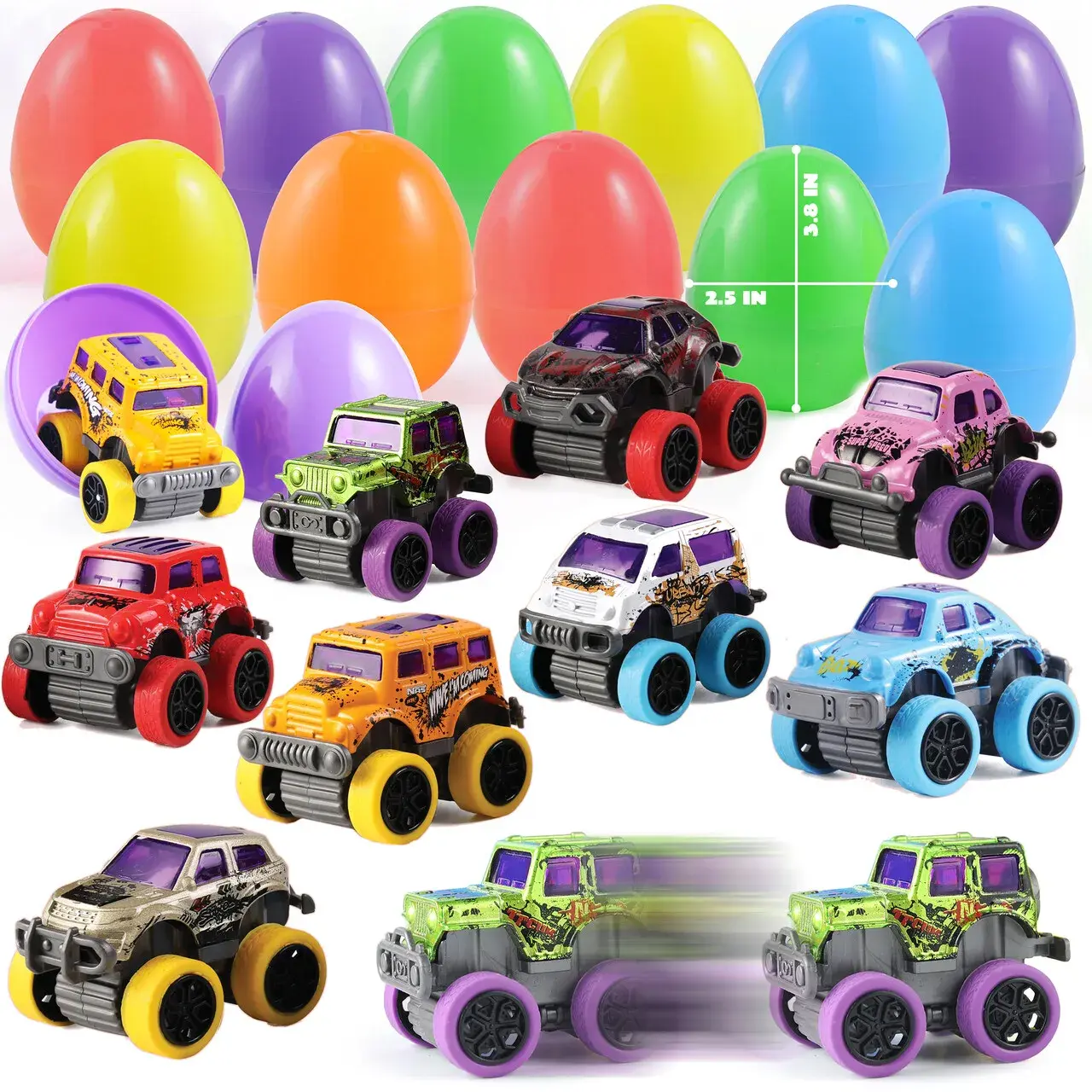 2025 Toys for Kids 12Pcs 3.8in Easter Eggs Packed with Pull Back Monster Cars and Trucks for Easter Egg Hunt / 48Pcs Prefilled Easter Eggs Toys and Stickers for Easter Egg Hunt