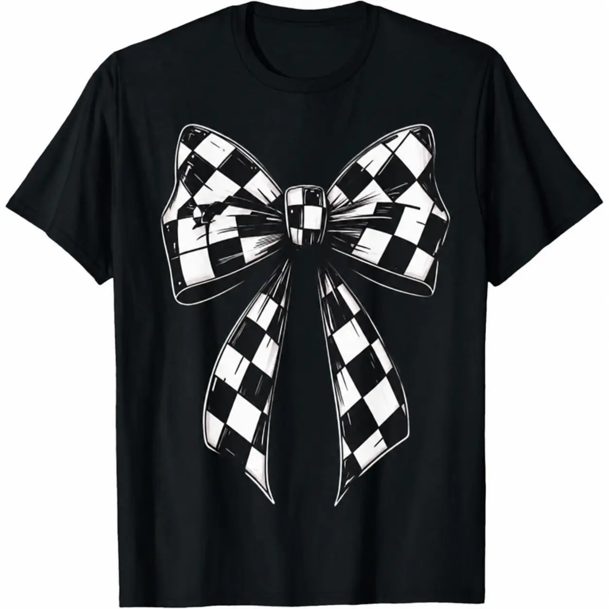 Checkered Bow Graphic T-Shirt, Black White Coquette Bow Tee, Cute Gingham Bow Shirt, Casual Crew Neck Short Sleeve Gift for Women Men, 100% Cotton, Ships from USA Menswear Top