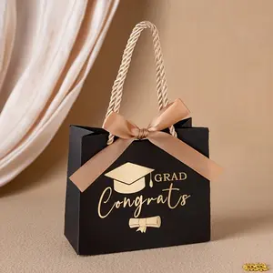 1PC/3PCS Gift for Her/Him A Single Golden Graduation Cap-Themed Gift Bag, Beautifully Crafted with a Ribbon, Showcasing The Phrase 'GRAD CONGRATS' for Holding Candies, Chocolates, And Party Favors, party supplies, Graduation Gift Wrapping
