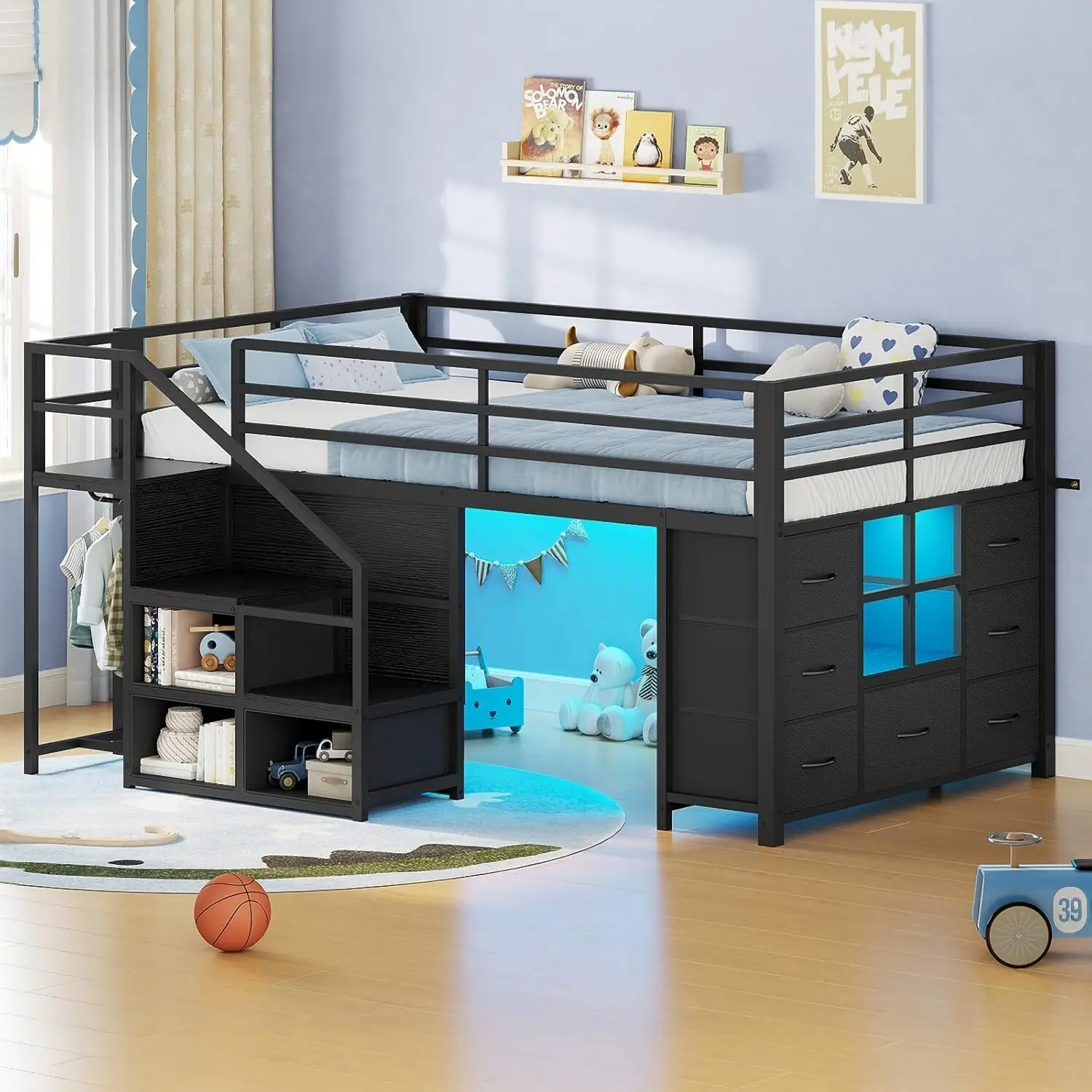 Sikaic Twin Low Loft Bed with Stairs & LED Lights, Kids Loft Bed with 7 Storage Drawers, 3 Open Cubbies & Clothes Rail, Twin Size Metal Loft Bed with Safety Guardrail, Space-Saving Bed Frame, Black, Home Furniture, Dorm Essentials [tiktokshopbacktoschool]