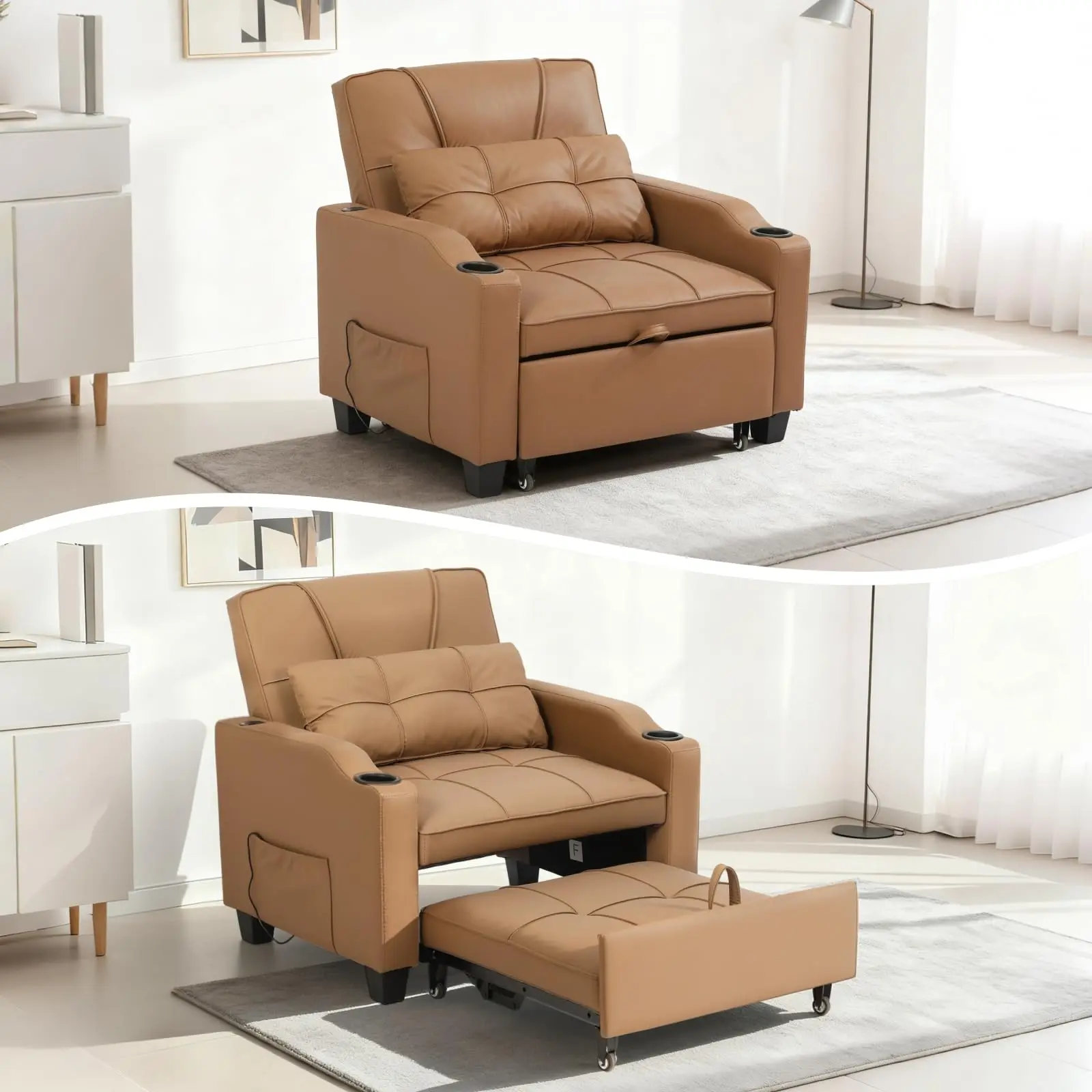 Sleeper Chair Pull Out Bed, 4 in 1 Convertible Sofa Chair Bed , Single Sofa Recliner Bed with USB/Type-C Port, Cup Holders and Side Pocket for Small Spaces