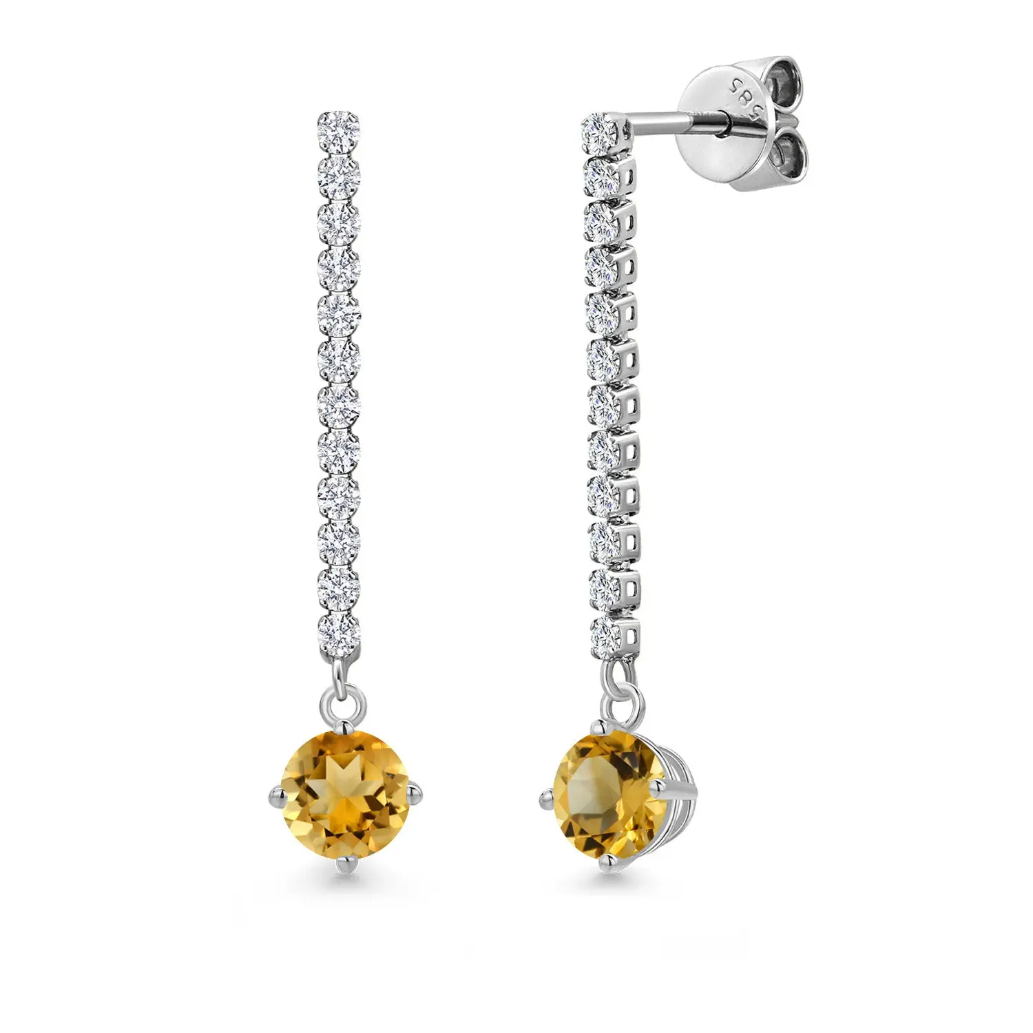 14K White Gold Yellow Citrine and White Lab Grown Diamond Long Liner Dangle Earrings for Women | 1.26 Cttw | Gemstone November Birthstone | Round 5MM | White Gold Chain Drop Earrings