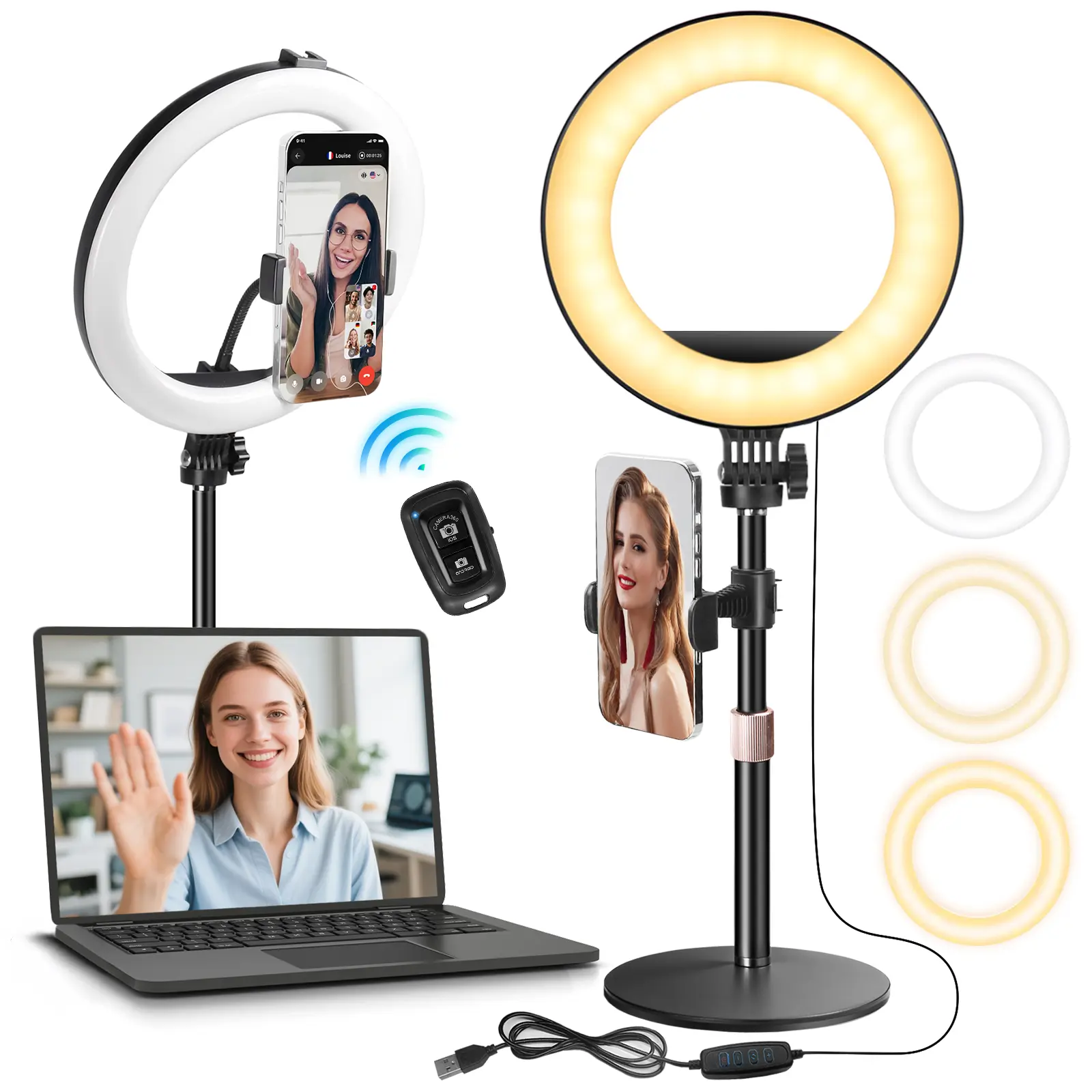 10" Desk Ring Light with Stand & 2 Phone Holders, USB LED Circle Halo Light for Zoom Meeting, Video Call, Live Streaming, TikTok, Makeup, Selfie - Height Adjustable & Portable with Storage Pouch