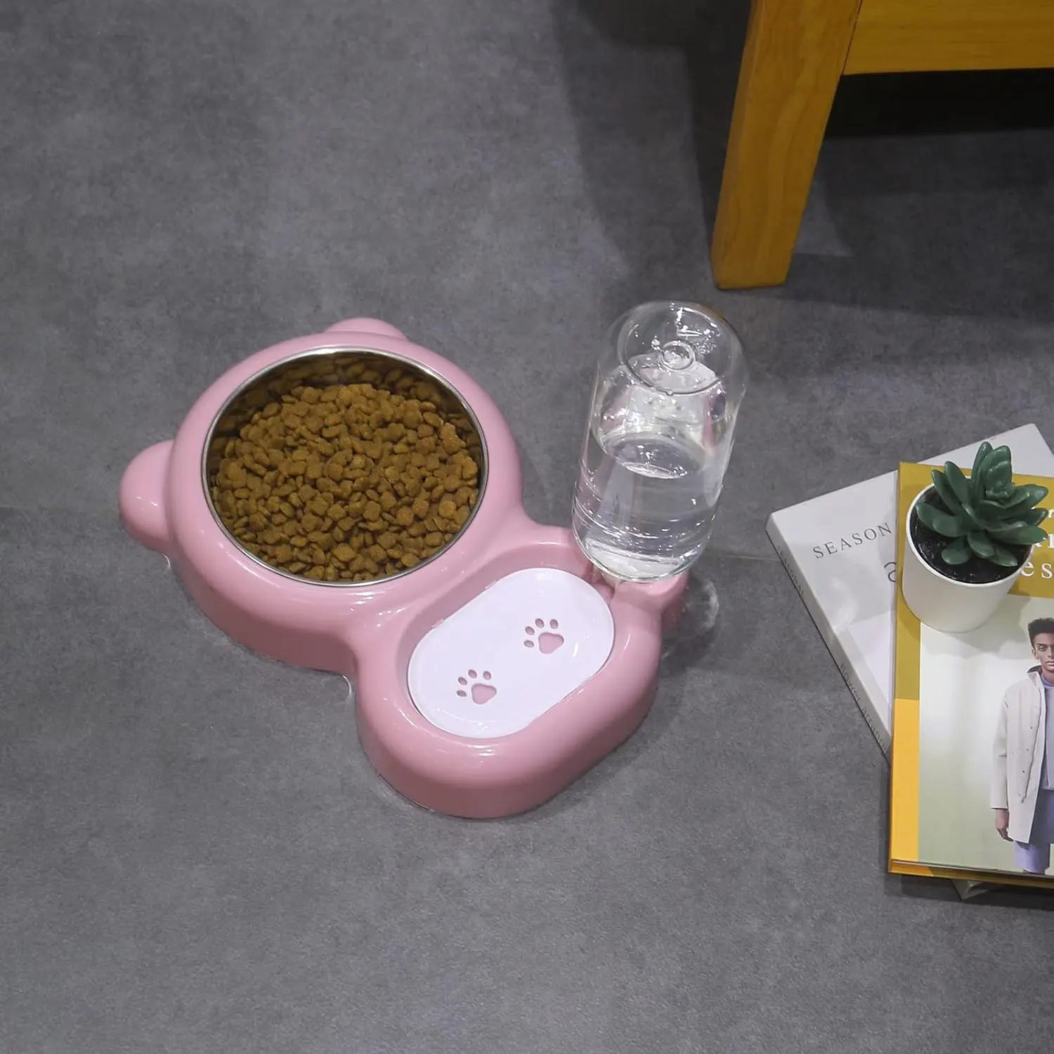 Cat Food and Water Bowl Set, 2-in-1 Stainless Steel Pet Feeder with 17 oz Automatic Drinking Water Bowl, Non-Slip Base for Kittens and Small Dogs, Food Feeders, Feeding, Indoor, Water Refill