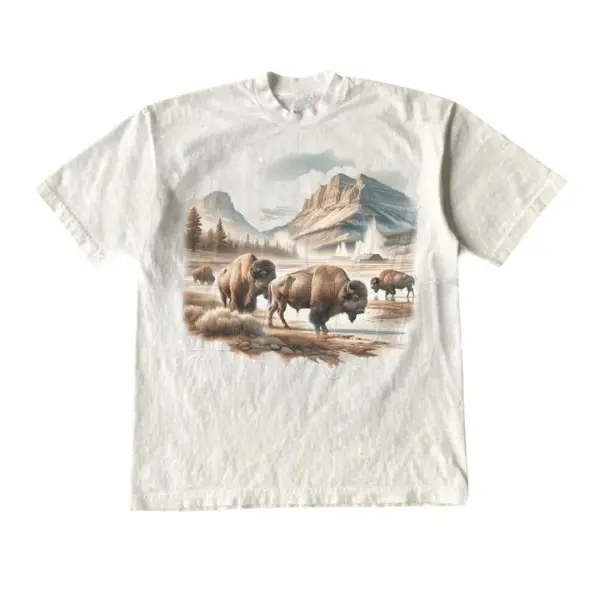 Women's Lady Short-Sleeve Vintage Bison Geyser Basin Wilderness 90s Cotton Casual T-Shirt, Retro Bull Buffalo Mountain Farmer Boho Unisex Tops