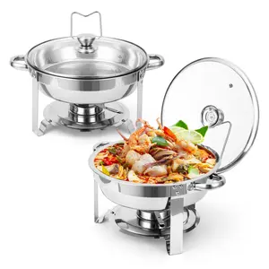 【GARVEE】2-Pack 5QT Stainless Steel Round Chafing Dish Buffet Set with Lid Holder and Glass Lid, Ideal Buffet Servers and Warmers for Parties, Weddings, Camping, and Dinner Events in Silver