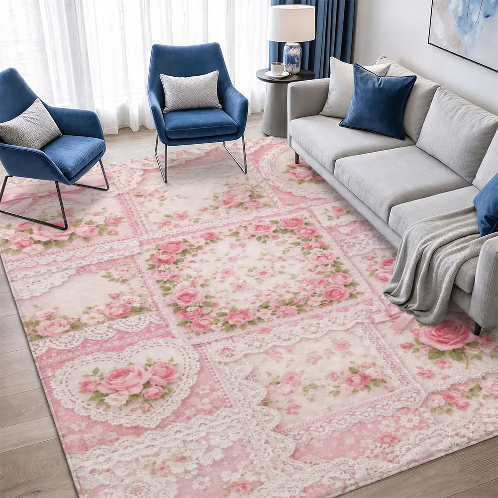 Shabby Chic Pink Floral Velvet Area Rug, Coquette Bow Living Room Carpet, Aesthetic Home Decor, Bedroom Essentials