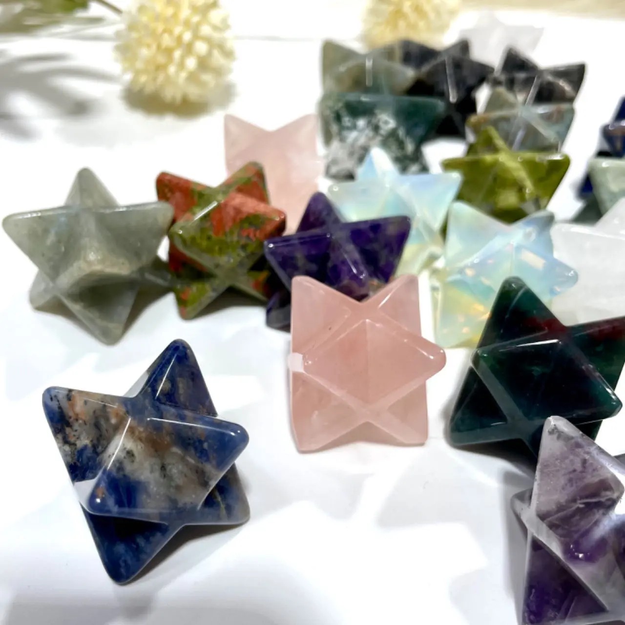 IG Crystal Different Materials Star Crystal Stochastic 3 Counts Rose Quartz Clear Quartz Kiwi Jasper Sodalite Amethyst Opalite Unakite Healing Crystal