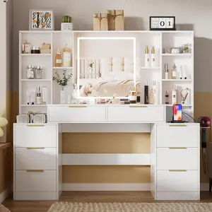 Large Makeup Vanity Desk with Lighted Mirror & Power Outlet, 59" Large Vanity Table, Dresser Table with Brightness Adjustable,Drawers,Shelves, Hair Dryer Stand for Bedroom, Women and Girl , White (No Stool)