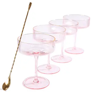 Pink Vintage Ribbed Coupe Glasses Set,  10 oz - Hand Blown Glass for Christmas, Thanksgiving, Gifts - Set of 4 with Gift Box Drinkware