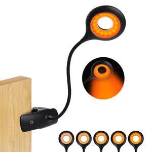Clip-on Reading Light for Bed, Amber Color Book Read Light Rechargeable 5 Brightness Desk Light Clamp Lamp, Touch Control Dimmable Lamp with Flexible Neck, Gentle Night Light(Black)