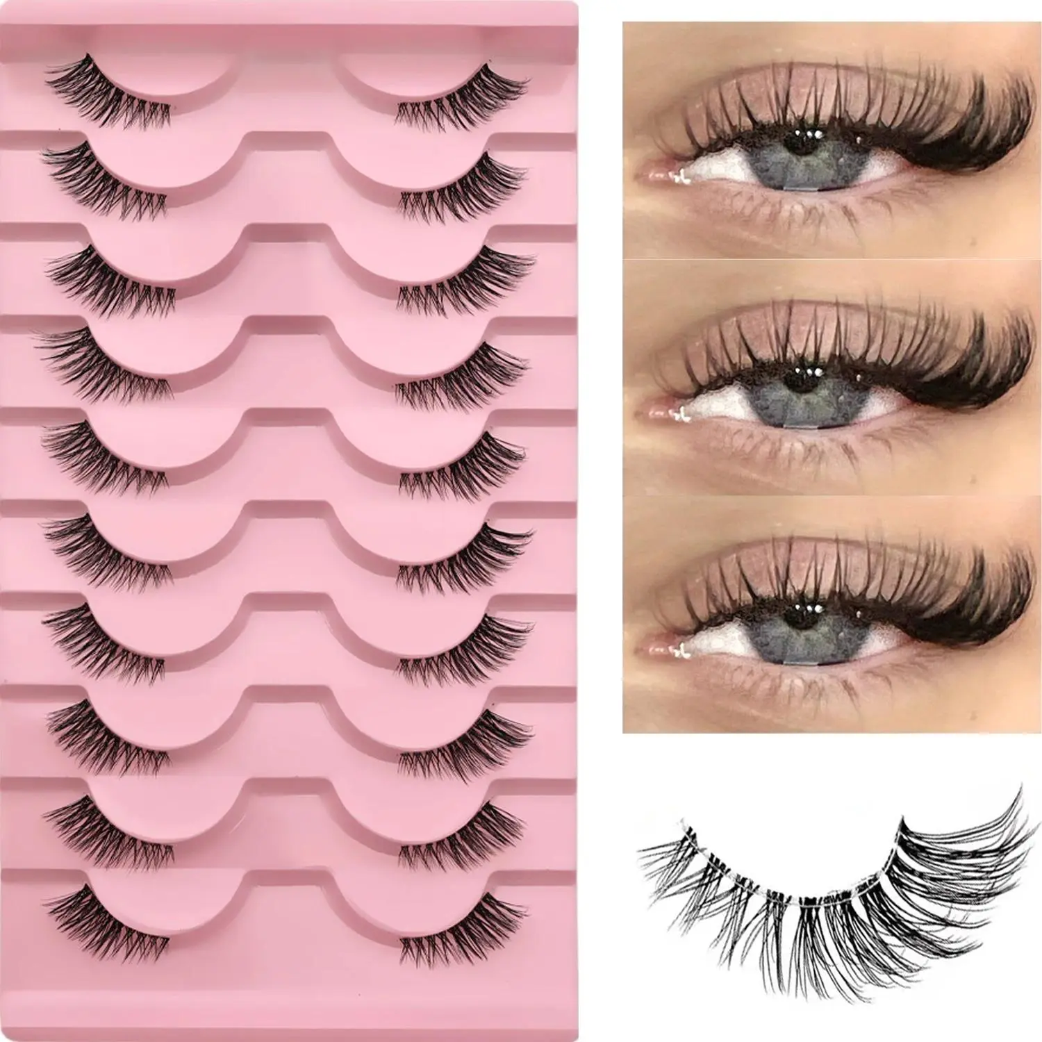 Soft Natural Half Lash Extensions Clear Invisible Band Faux Mink Wispy Lightweight Reusable Eyelashes for Makeup Beginners