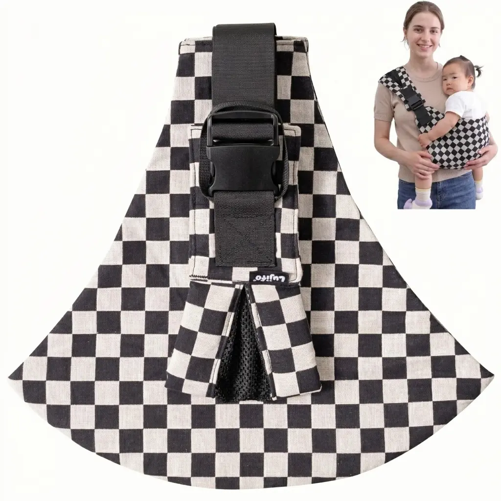 LUJIFO Checkerboard Side Baby Carrier, Lightweight Cotton Linen Sling Carrier for Toddler, Easy Carry Babywearing Essential