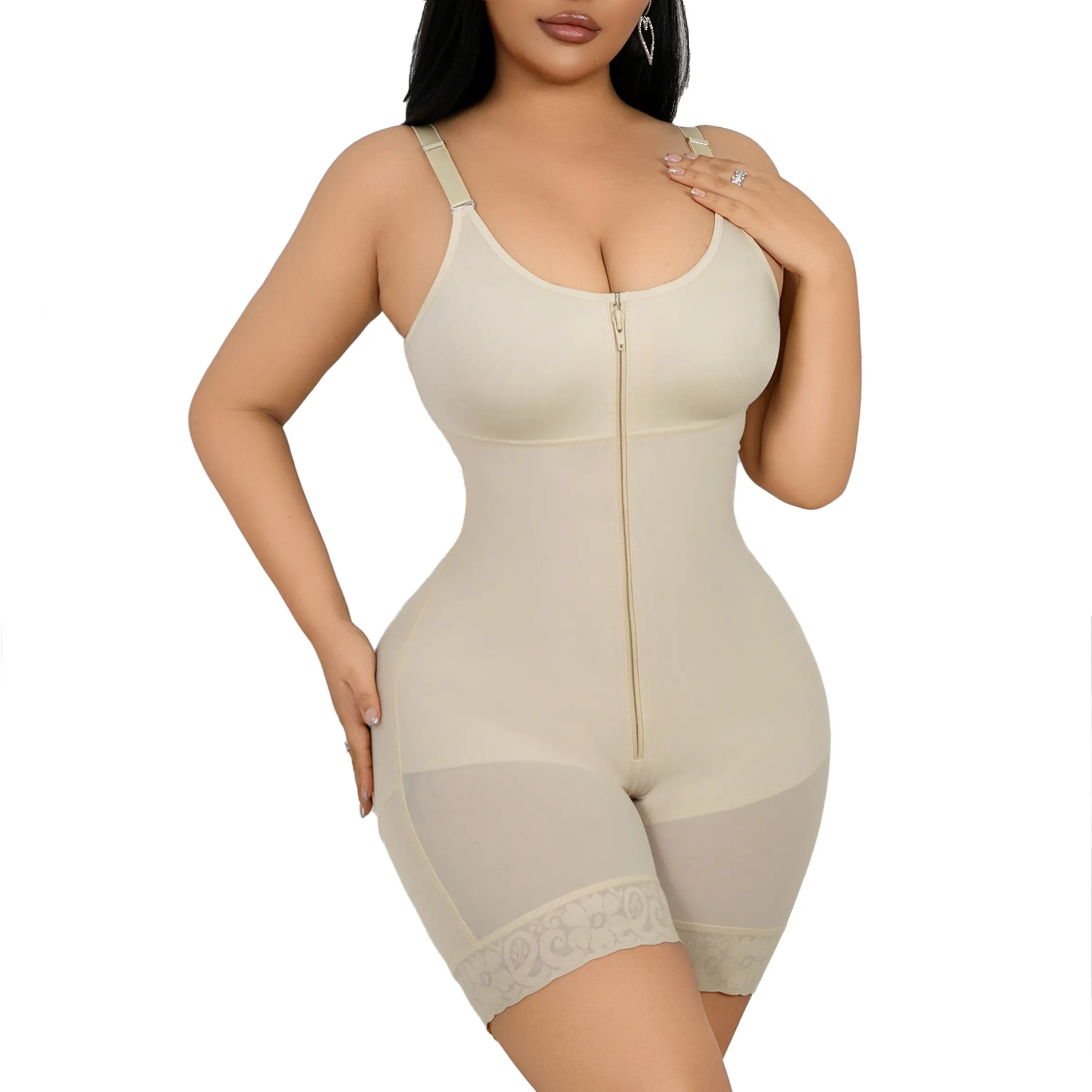 Women's Colombian Fajas Shapewear Bodysuit - Tummy Control, Butt Lifter, Zipper Crotch, Detachable Shoulder Straps, V-Neck, Comfortable Compression - Fitted, Contoured, Elastic, Hourglass, Minimizing Styles, Fitted Shapewear Bodysuit, Contoured Shapewear