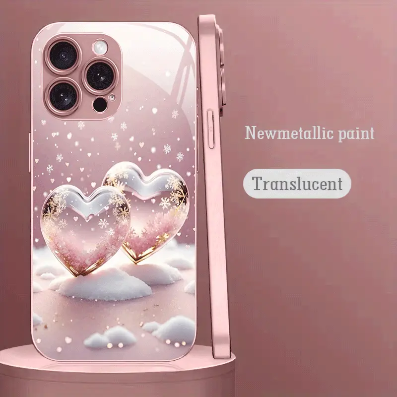Stylish pink heart and snowflake design metallic paint glass phone case,for iPhone 17 Pro Max Phone Case 17 Air 16E 16 Pro Max 15 Pro Max 15 Plus 14 Plus 13 12 11 Phone Cases