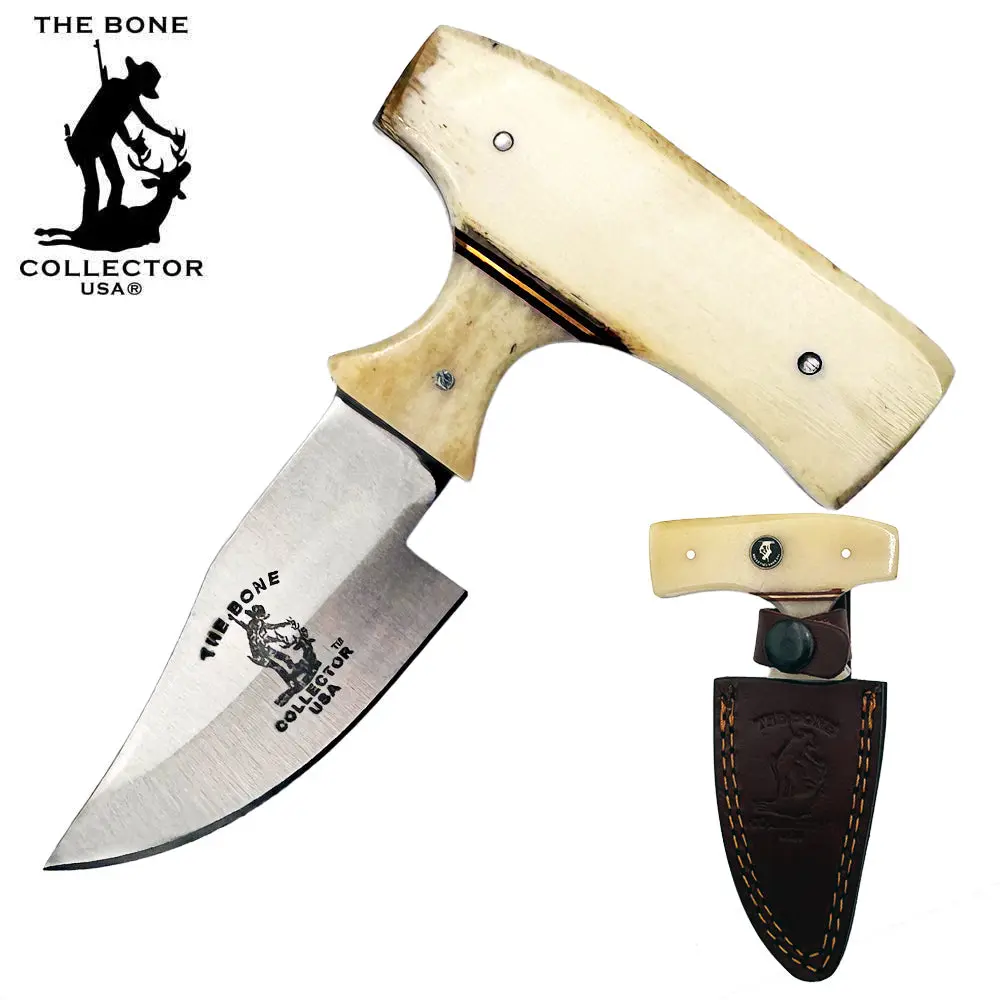 BC 872-WBN 5" Bone Collector White Bone Short Blade Skinning Knives with Leather Sheath, Meat Cutting Steel