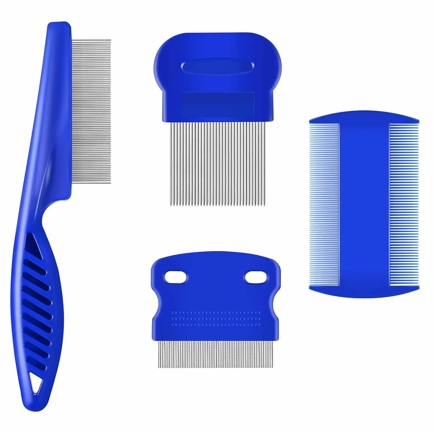 4-Pack Stainless Steel Flea & Tick Combs for Dogs & Cats - Rounded Teeth Grooming Tool, Double-Sided Tear Stain Remover, Dematting Comb for Small/Medium/Large Pets