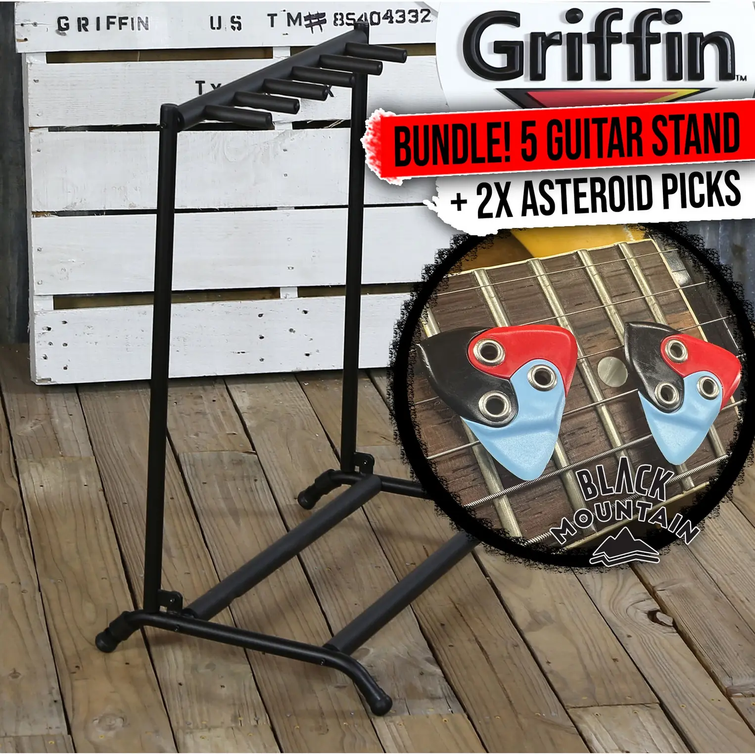 BLACK MOUNTAIN Asteroid Three in One Guitar Pick (2 Pack Guitar Bundle) Five Guitar Rack Stand by GRIFFIN | Holder for 5 Guitars & Folds Up For Easy Transport, Neoprene Tubing (Stage-NestPRO Series)
