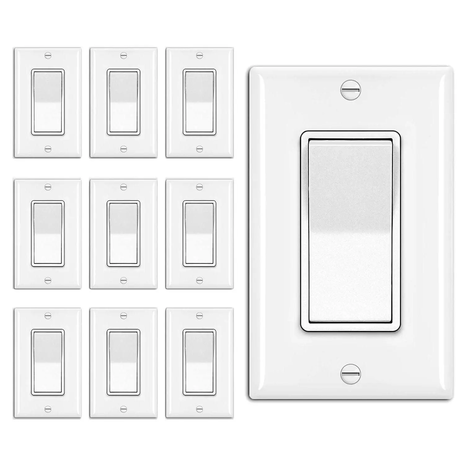 10 Pack Single Pole Decorator Light Switch with Wallplate, 15A 120/277V, Rocker Paddle Wall Switch, On/Off Interrupter for LED and Other Lamps