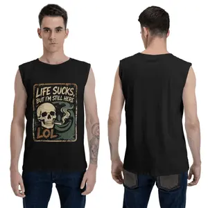 "Life Sucks But I'm Still Here" Men's Vintage Poster Sleeveless Muscle Tank - Versatile 180gsm Cotton Breathable Shirt for Hiking, Gym & Street