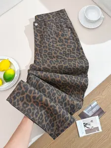 Women's Leopard Print Denim Jeans, Loose-Fit Mid-Waist Long Pants, Casual Button Fly, Ankle-Length, All-Seasons, Comfortable & Stylish