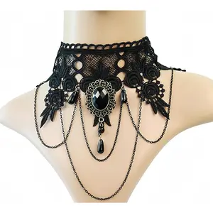 Female Halloween costume jewelry - Steam punk black lace necklace and bracelet. Gothic style jewelry accessories, vampire necklace. Suitable for teenage Halloween costume decorations.
