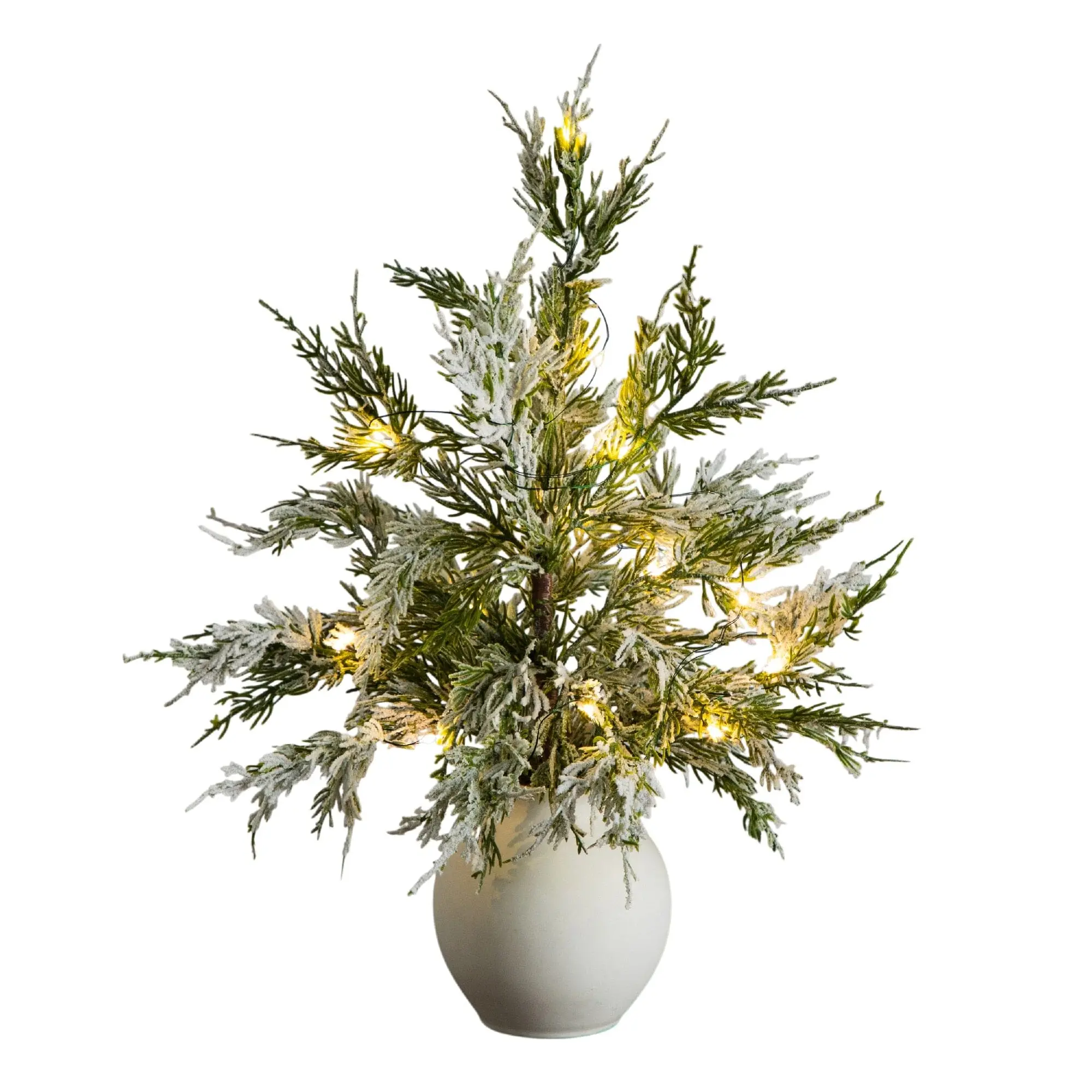 18" Pre-Lit Flocked Synthetic Cypress Mini Christmas Tree - Artificial Plants Decorative Room Decor with 12 White LEDs, White Ceramic Planter, Vase & Mood Lighting for Home Winter Festive Use