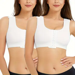 2-Pack Women's Post-Surgery Compression Bras, Adjustable Shoulder Straps, Wireless Support, Mastectomy Recovery Bra Set - Black & White