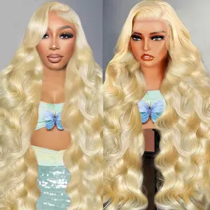 Women's HD Transparent Lace Front Human Hair Wig - 32-Inch, 10A 613 Blonde, 200 Density, 13X6 Body Wave, Pre-Plucked, Glueless bundles