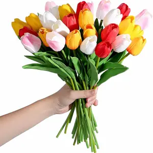 15-Piece Real Touch Tulips Artificial Flowers - 14" PU Faux Tulip Decorative Bouquet in Assorted Colors for Spring, Easter, Home, Kitchen, Wedding & Mother‘s Day Gift Decor