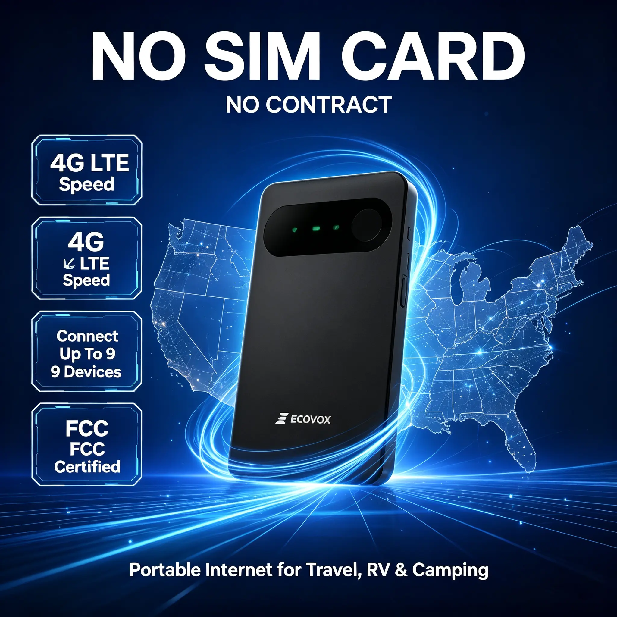 ECOVOX 4G LTE Portable WiFi Hotspot No SIM Card No Contract, Connect 9 Devices, FCC Certified, Long Battery Life Portable Internet for US RV Road Trip Camping Travel