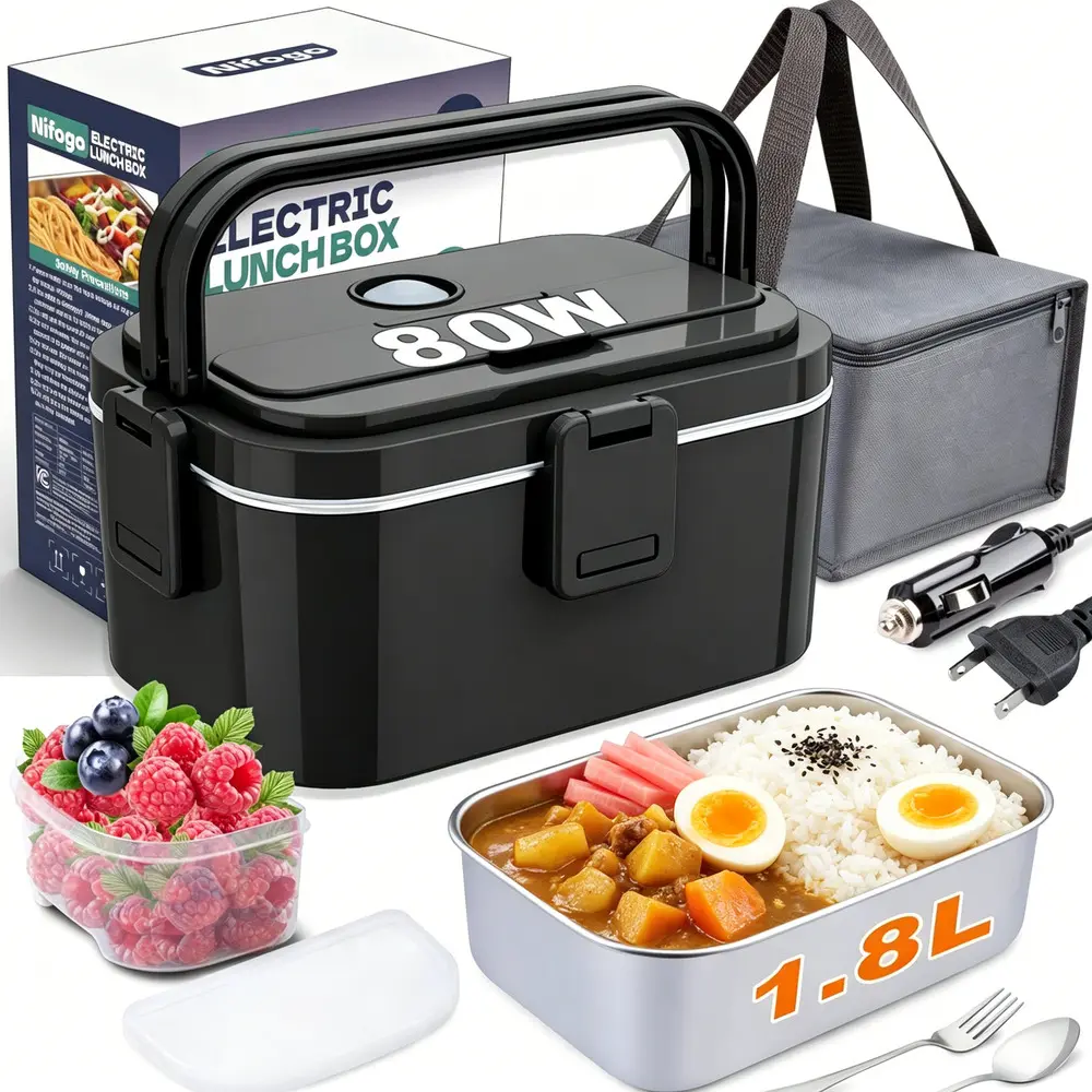 Daily Almuerzo Portable Electric Heated Bento Box Adult Exclusive, Non Toxic Stainless Steel Tray Full Silverware Auto House Camp Supply