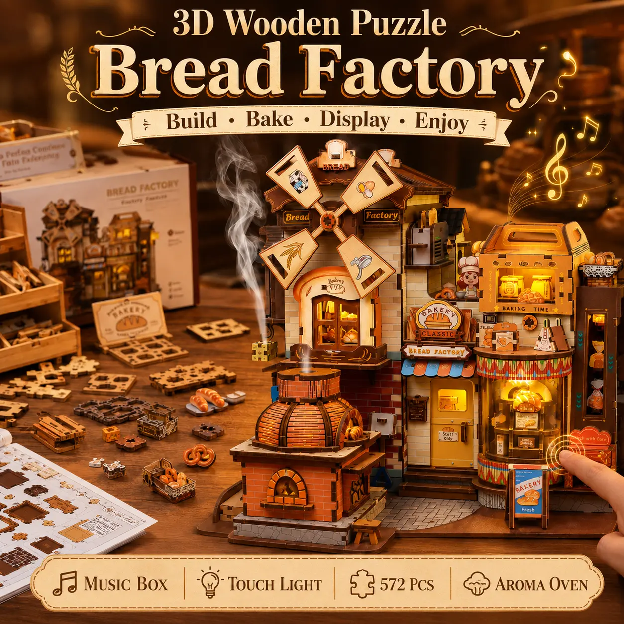 CUTEBEE 3D Wooden Bread Factory Interlocking DIY Construction Puzzle - Handmade Wooden ASMR Mechanical Kit with Lights & Music, Whimsical Home Decor, Gifts for Hobbyists, Interlocking Puzzle