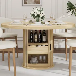 47 Inch Natural Oak Round Dining Table for 4-6,Kitchen Table with 2-Layer Storage Shelf and a Drawer,Farmhouse Circle Dinner Table for Dining Room,Kitchen,Living Room (Table Only)