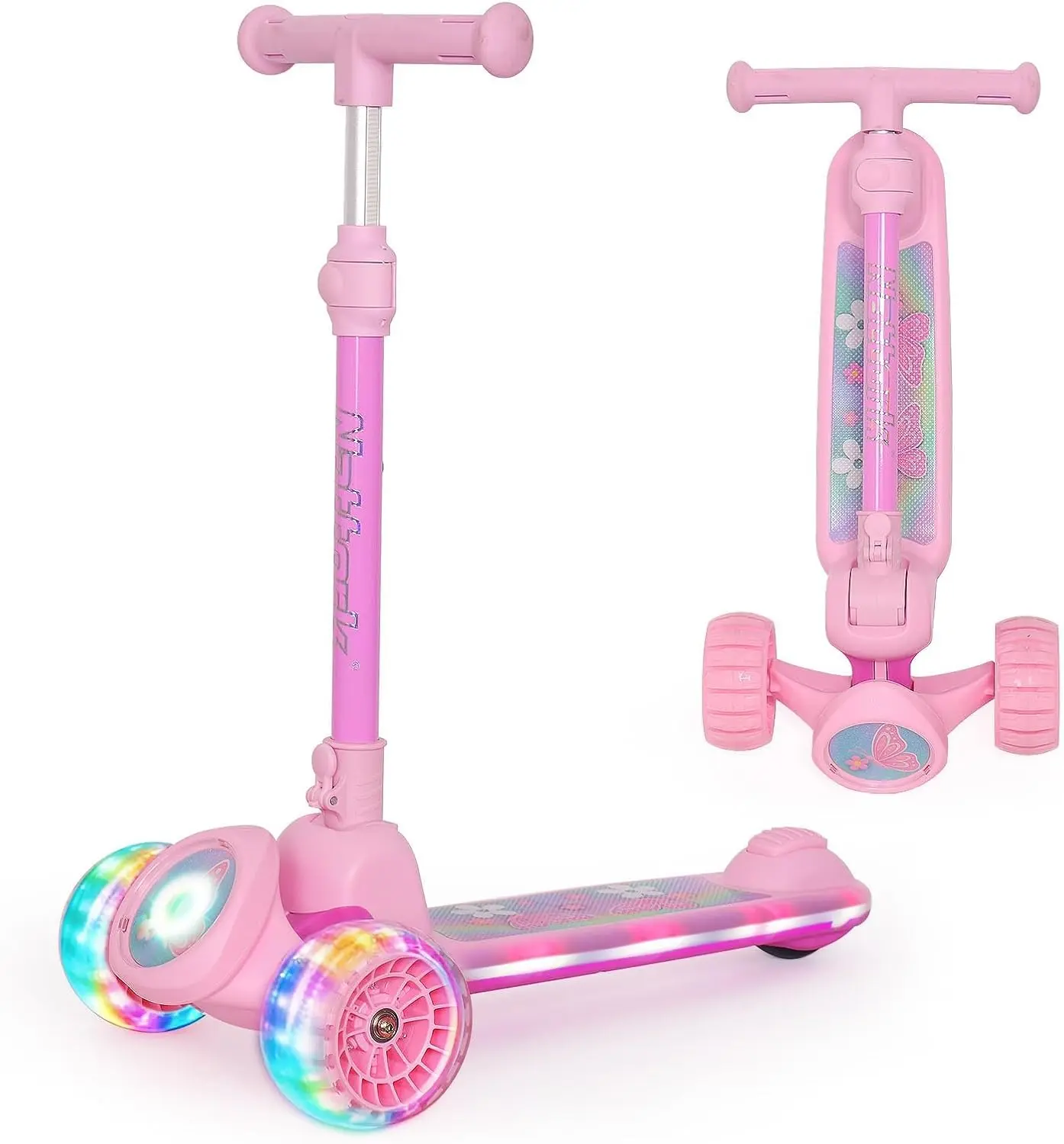 Nattork 3 Wheel Kids Scooter for Girls Ages 3+, Scooter with Light Up Wheels, Deck & Headlight, Wide Anti-Slip Deck, Adjustable T-bar Handle and Rear Foot Brake, Sturdy Design with Max Load 220Lbs for Indoor Outdoor Riding